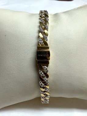 Pandora Sterling Silver Timeless Two Tone Pavé Cuban Bracelet $285